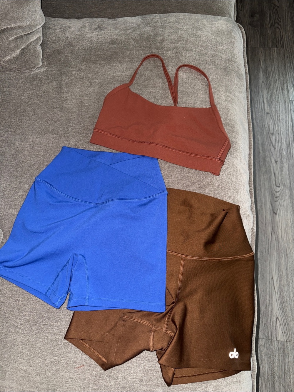 ALO Yoga Women’s Athletic Shorts & Sports Bra - Rust, Royal Blue, Chocolate